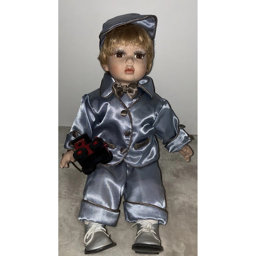 VTG Collectible Memories Porcelain Doll Thomas in Blue Sateen with Locomotive